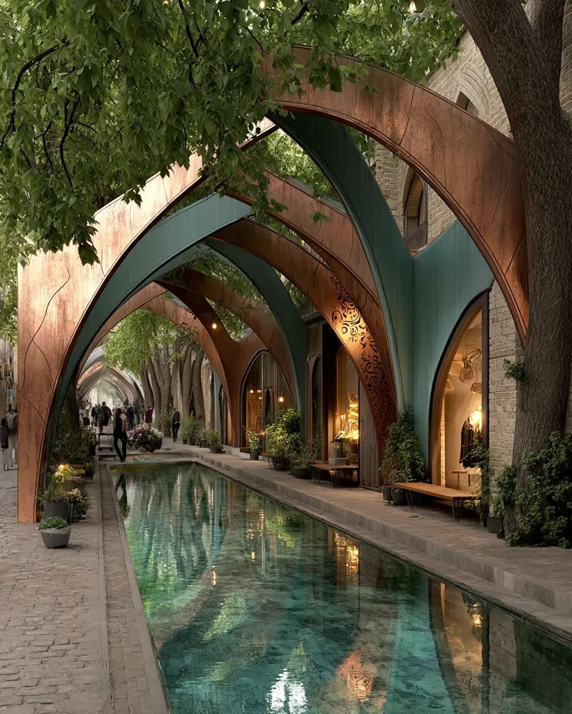 A tranquil oasis unfolds beneath a copper and teal arched walkway, where a reflecting pool mirrors the lush greenery and architectural details.  Shops line the canal-like waterway, creating a serene and stylish atmosphere. The structure's unique design blends modern architecture with natural elements, offering a captivating urban escape.  The stone path and overhanging trees complete the picturesque scene.