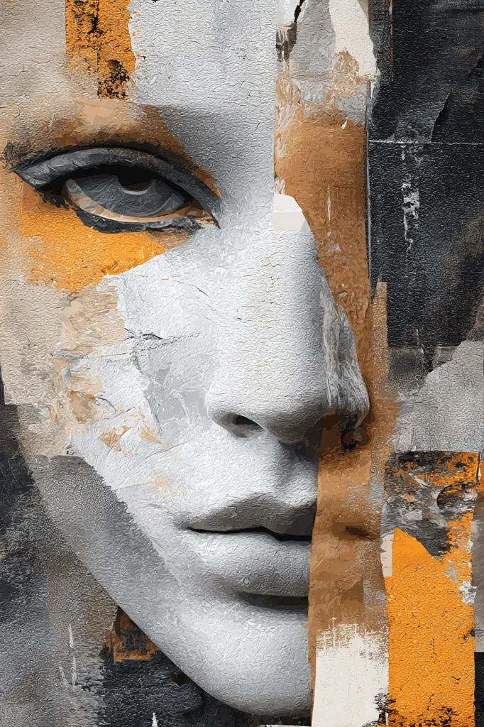 A close-up abstract portrait showcases a woman's face, rendered in muted grays and whites.  Bold strokes of orange and brown contrast sharply, creating a fragmented, textured effect. The style is reminiscent of cubism or collage, with the face appearing partially obscured and layered.  The eye is strikingly detailed, while other features are subtly suggested through the interplay of color and form.