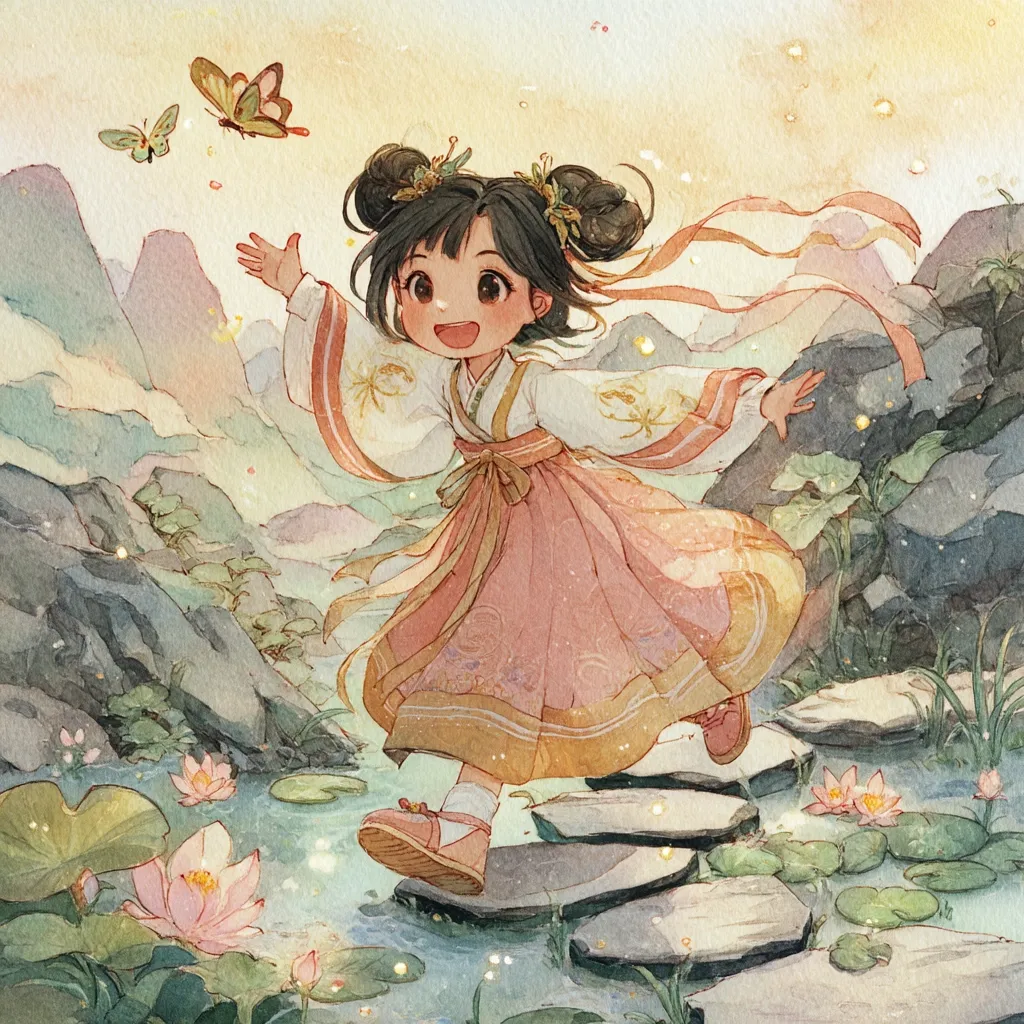 A cheerful young girl, dressed in a traditional peach-colored Hanfu, joyfully skips across stepping stones over a tranquil stream.  Butterflies flutter around her as she plays amidst a serene landscape of rocks, lily pads, and blooming lotus flowers.  The watercolor painting evokes a sense of peace and whimsical delight.