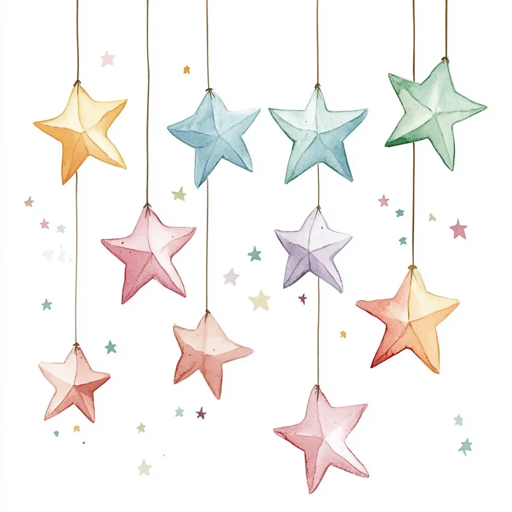 A watercolor illustration showcases pastel-colored stars hanging from strings against a white backdrop.  Small, scattered stars add to the whimsical design. The hanging stars vary in color, including peach, light blue, lavender, and green, creating a charming and delicate aesthetic. The overall impression is one of playful innocence and gentle beauty.