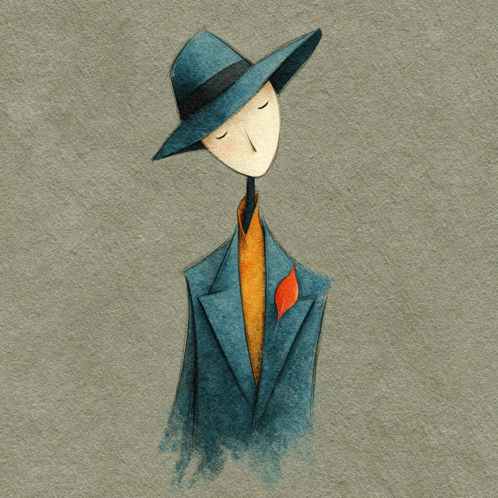 A stylized illustration depicts a slender figure wearing a teal suit and a dark teal fedora.  The figure's face is simple, almost mask-like, and a single red leaf is pinned to the lapel. The overall style is minimalist and slightly melancholic, set against a textured, muted grey background. The artwork has a slightly vintage or retro feel.
