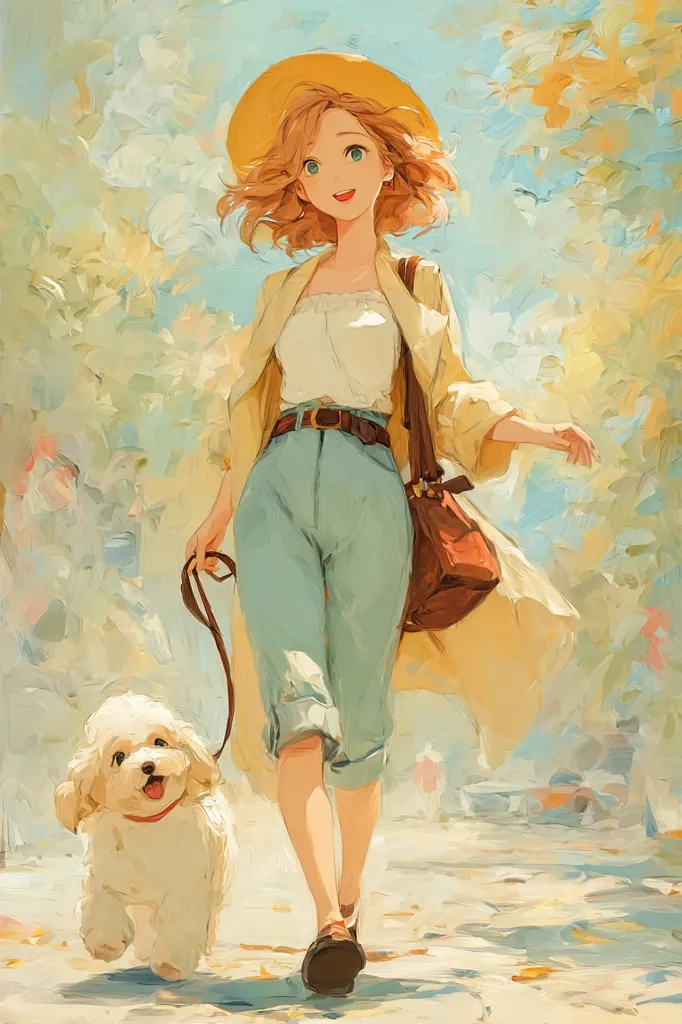 A painting of a young woman with shoulder-length blonde hair, wearing a yellow hat, light yellow jacket, and light blue pants, walking down a sunlit path with a small fluffy white dog on a leash.  Her joyful expression and the loose style of the painting create a cheerful and carefree mood. The background suggests a pleasant, outdoor setting.