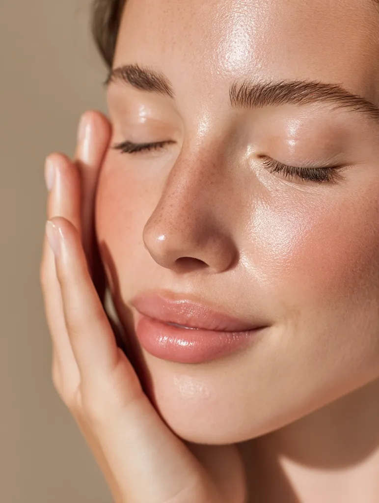 Close-up of a woman's face with her eyes closed, gently touching her cheek.  Her skin is radiant and glowing, with a natural, healthy complexion.  Soft lighting accentuates her flawless skin and subtle freckles.  The overall image conveys a sense of serenity and beauty.