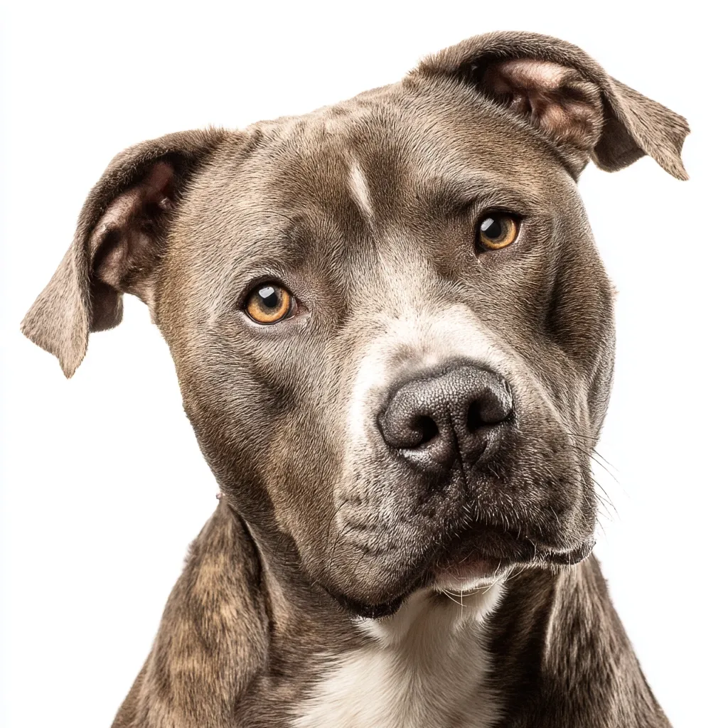Close-up of a gray and brown Pit Bull Terrier.  The dog's head is tilted, its amber eyes engaging the viewer directly.  The image is set against a pure white background, highlighting the dog's textured fur and expressive features.  The dog appears alert and friendly.
