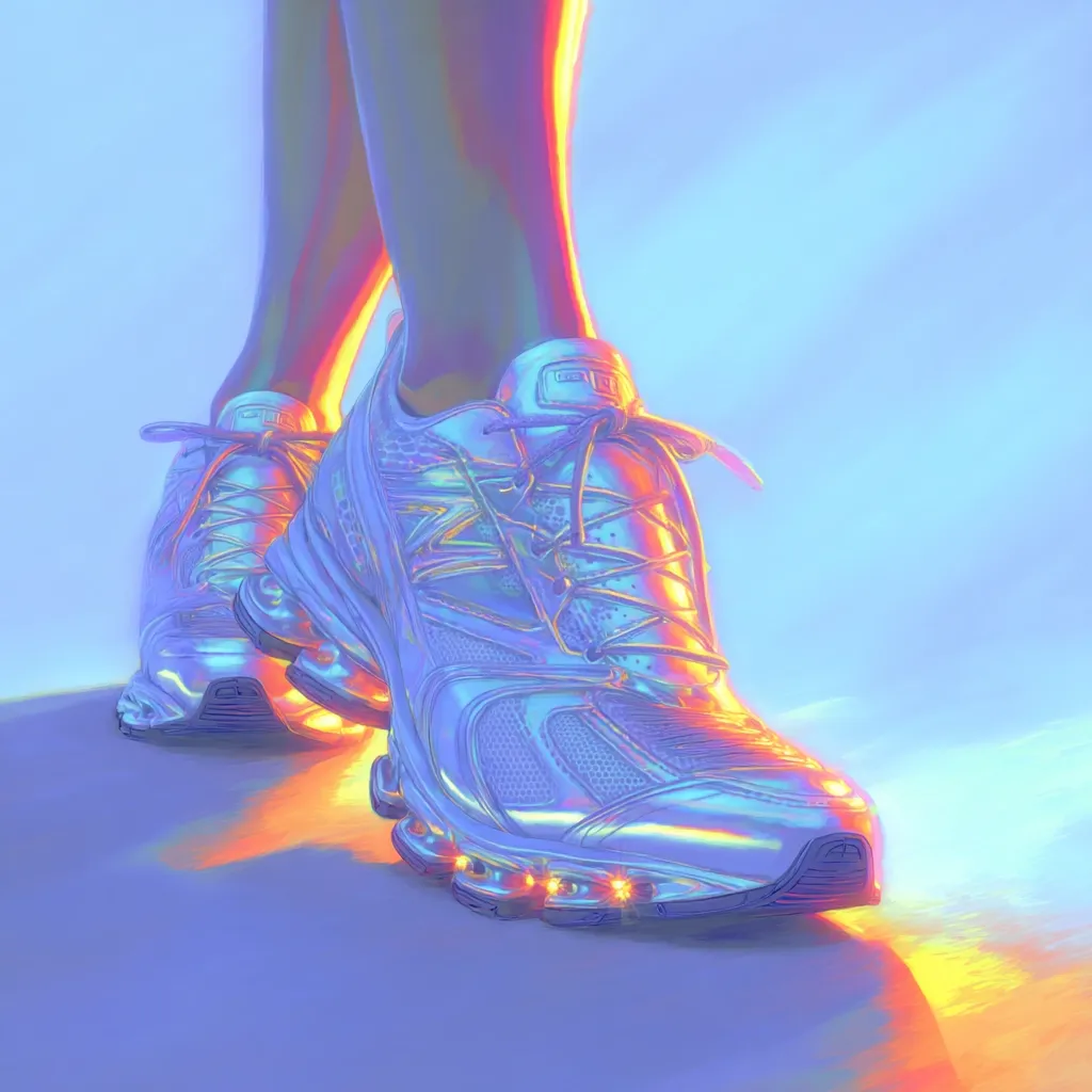 A close-up shot showcases a pair of iridescent, futuristic-looking running shoes.  The shoes, seemingly metallic and light-catching, are worn by legs subtly visible in the background.  The vibrant, pastel-colored lighting enhances the shoes' holographic sheen, creating a dreamy, surreal atmosphere. The focus is sharply on the front shoe, highlighting its intricate design and glowing accents.