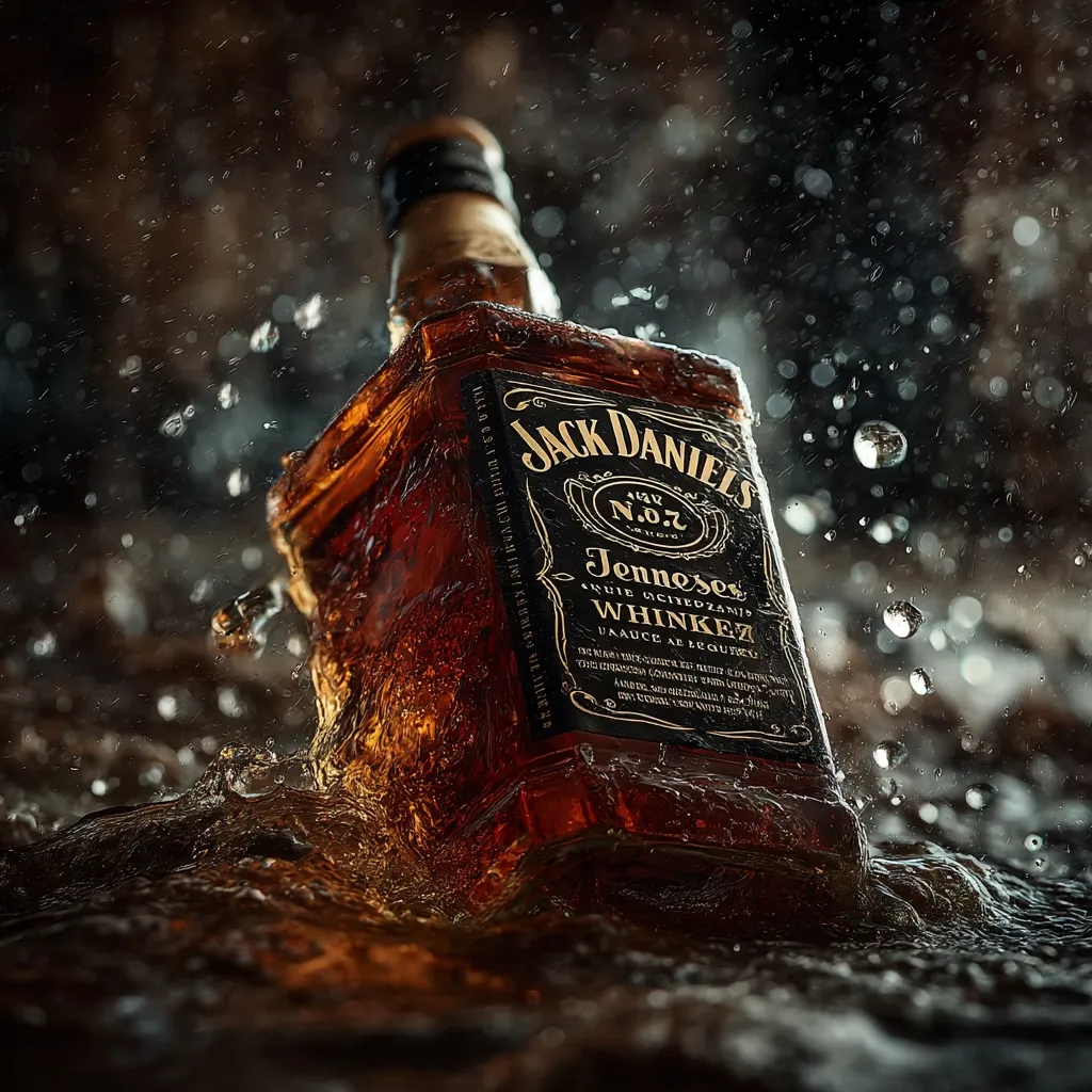 A bottle of Jack Daniel's Tennessee Whiskey is submerged in water, creating a splash. Water droplets surround the bottle, which is partially underwater. The dark amber liquid inside the bottle is visible. The label is clear, showcasing the brand name and other details. The overall image is dark and moody, with a focus on the texture of the water and the bottle.