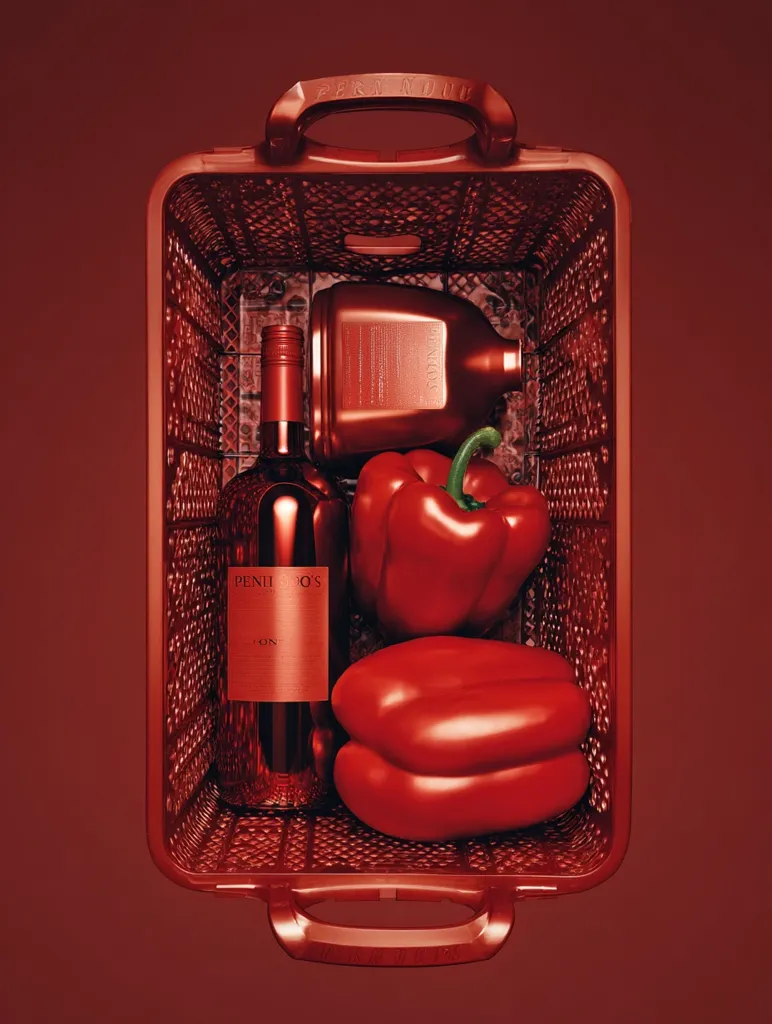 A red plastic shopping basket sits against a maroon background.  Inside, a bottle of Peniños wine, a bottle of what looks like oil or vinegar, and two shiny red bell peppers are arranged.  All items share a monochromatic red hue, creating a visually striking and unified image.  The basket's texture and the glossy appearance of the contents are emphasized.