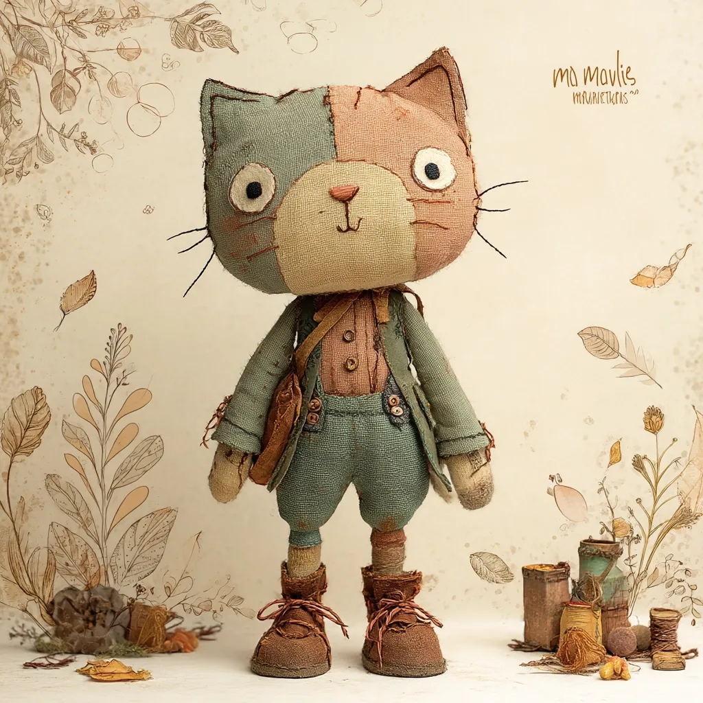 A charming handmade cat doll stands against a delicate autumnal backdrop.  Crafted from patchwork fabric in muted greens and peaches, it sports a whimsical stitched face and tiny brown boots.  The doll wears a quaint little jacket and trousers, suggesting a vintage or rustic style. The background features sketched botanical elements, adding to its quaint and endearing appeal.  The overall feel is one of gentle nostalgia and handcrafted charm.