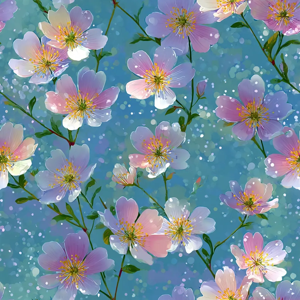 A seamless pattern featuring delicate, pastel pink and white flowers against a light blue, bokeh-like background. The flowers, possibly cherry blossoms or a similar species, are rendered with a soft, painterly style, showcasing subtle variations in color and petal shape.  The overall effect is dreamy and romantic, ideal for fabric prints or wallpaper designs.