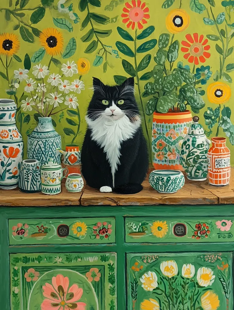 A tuxedo cat sits regally on a green painted sideboard adorned with floral designs.  The sideboard is filled with colorful, patterned pottery.  The background features a vibrant green wall bursting with stylized flowers and plants in a cheerful, folk-art style. The overall scene is bright, whimsical, and charming.