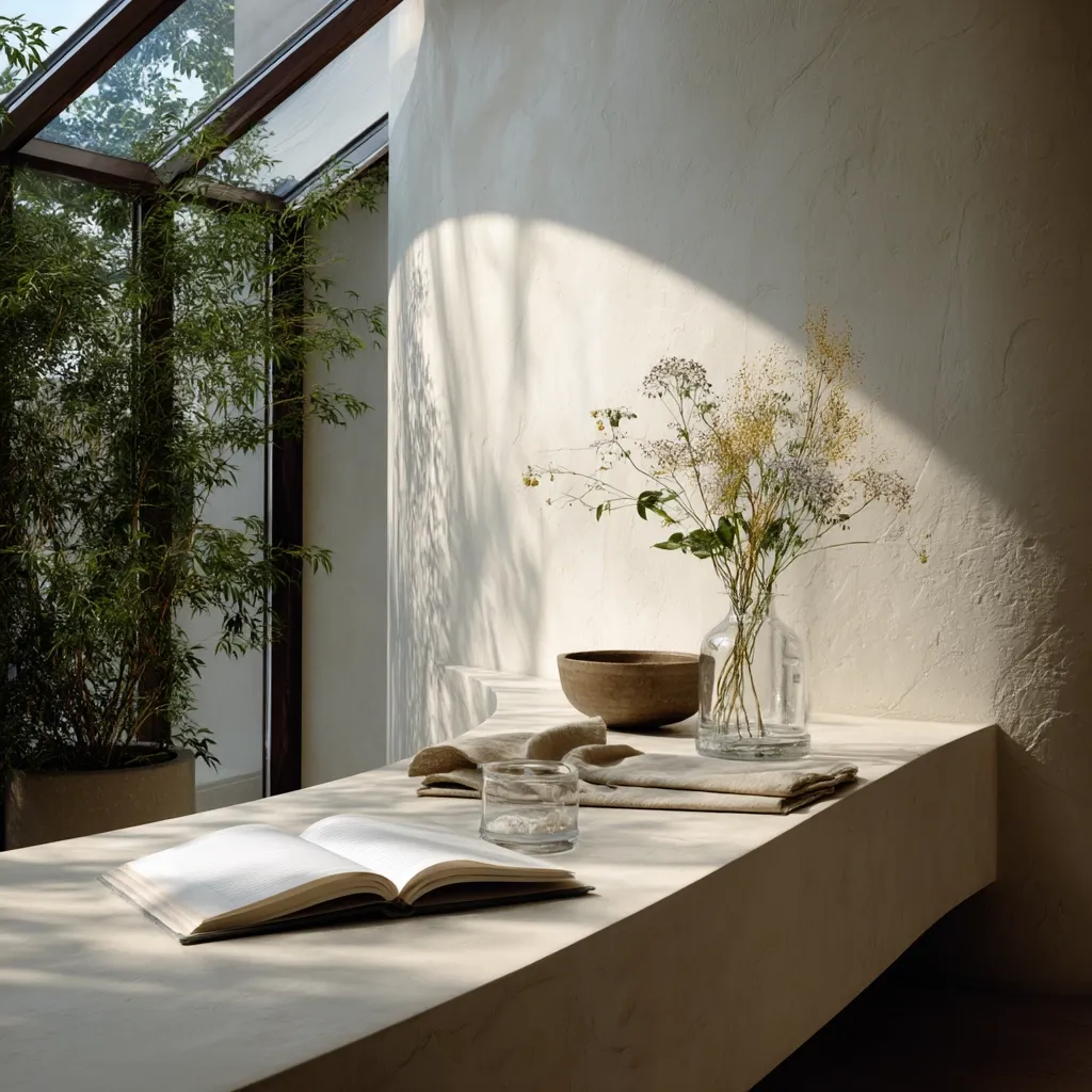 Sunlight streams through a glass conservatory onto a minimalist, light-beige counter.  A glass vase filled with wildflowers sits next to a rustic bowl. A linen cloth drapes near an open notebook and a small glass.  The scene is serene and peaceful, showcasing a simple, elegant interior design with natural elements.  A potted plant is visible through the conservatory's window.