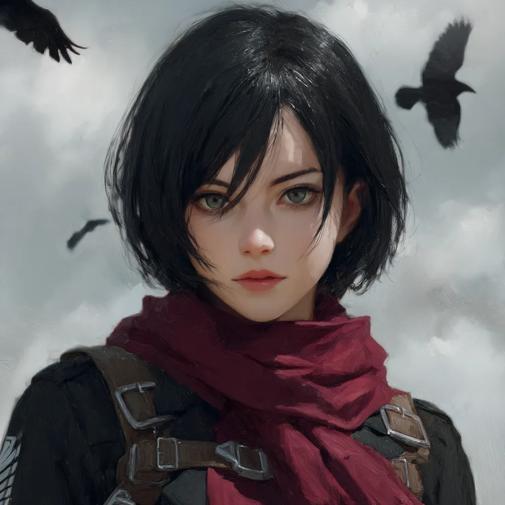 A digital painting depicts a young woman with short, dark hair, captivating green eyes, and a serious expression. She's adorned in a maroon scarf and dark attire, suggestive of a military or fantasy setting.  Several crows fly in the pale sky behind her, adding a dramatic and atmospheric touch to the portrait. The style is reminiscent of anime or manga, with a focus on soft, detailed features and painterly texture.