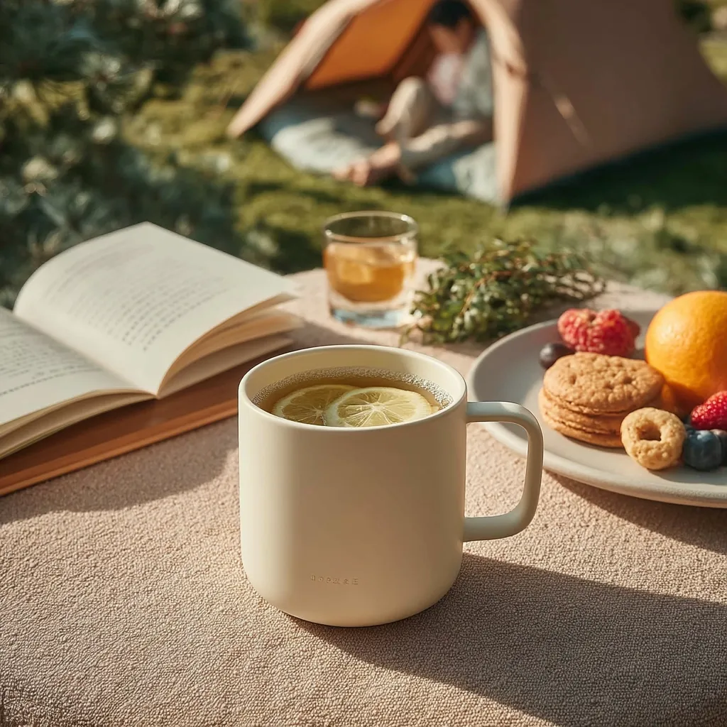 A cozy outdoor scene unfolds: a beige mug of lemon tea sits on a table beside an open book.  A blurred background shows a person relaxing inside a beige tent, suggesting a camping trip.  A plate of fruit, cookies, and berries adds to the idyllic picnic atmosphere bathed in sunlight. The overall feeling is one of peaceful relaxation and tranquility in nature.