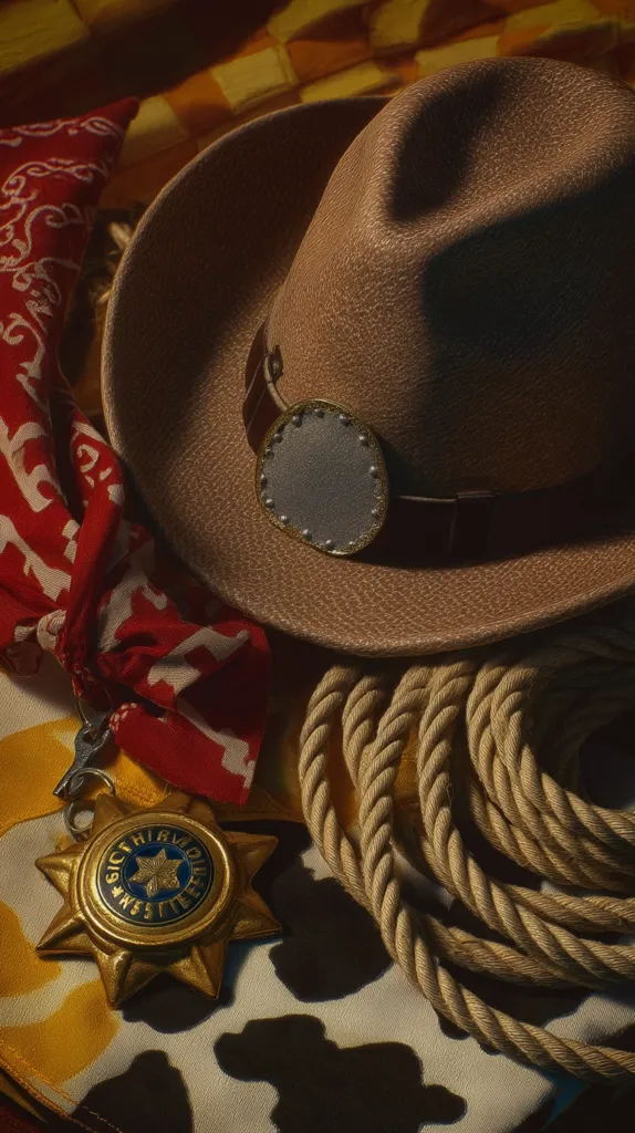 A brown cowboy hat rests on a patterned fabric, alongside a red bandana, a coiled rope, and a gold medal. The hat features a silver circular emblem. The scene evokes a rustic, Western atmosphere, with the objects suggesting themes of rodeo, ranching, or the Wild West. The lighting is dramatic, casting shadows and highlighting textures.
