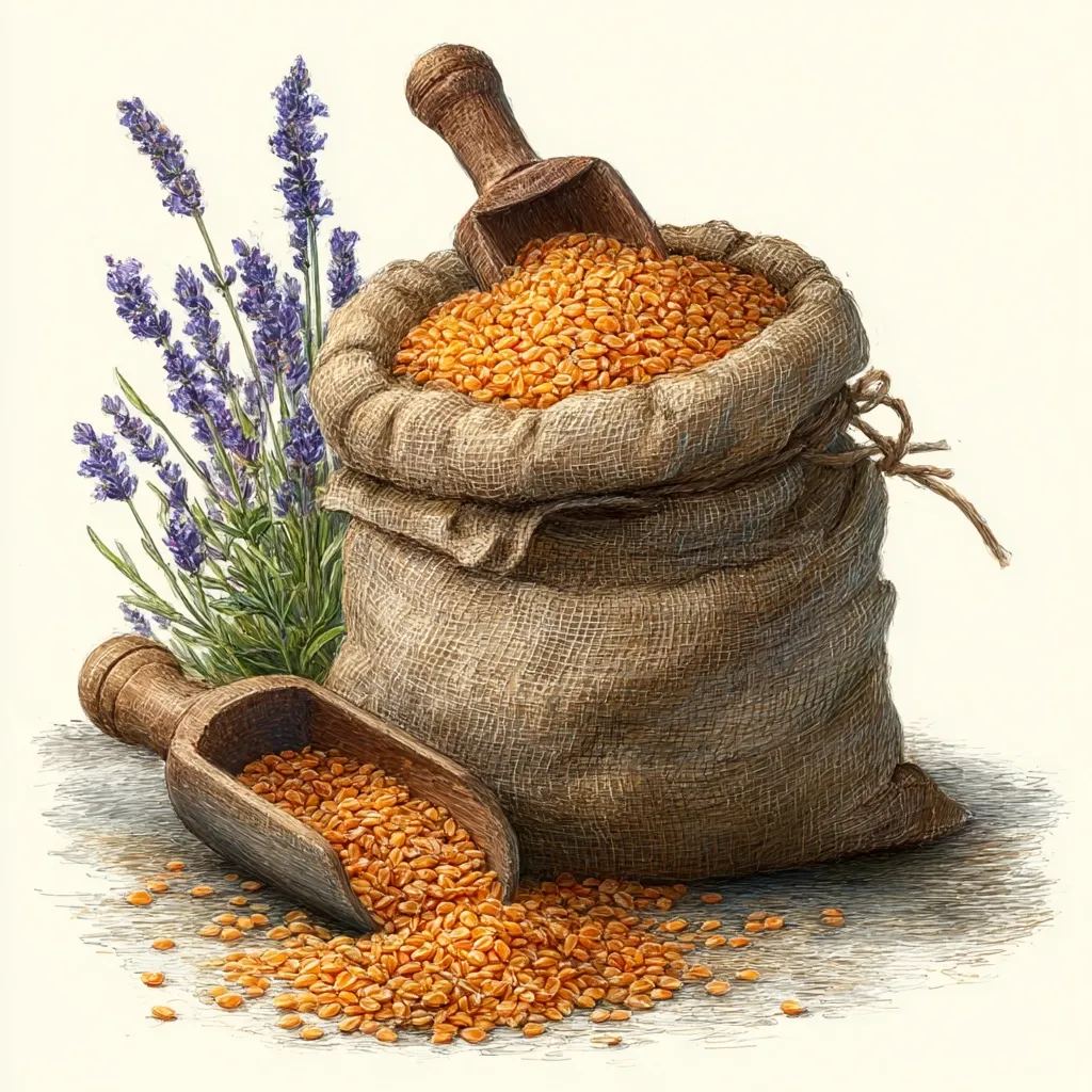 A burlap sack overflows with golden lentils, spilling onto a surface beside a wooden scoop also filled with lentils.  A sprig of lavender sits beside the sack, adding a touch of purple to the scene.  The illustration is detailed, showcasing the texture of the sack, the lentils, and the wood. The overall impression is one of rustic abundance and natural goodness.