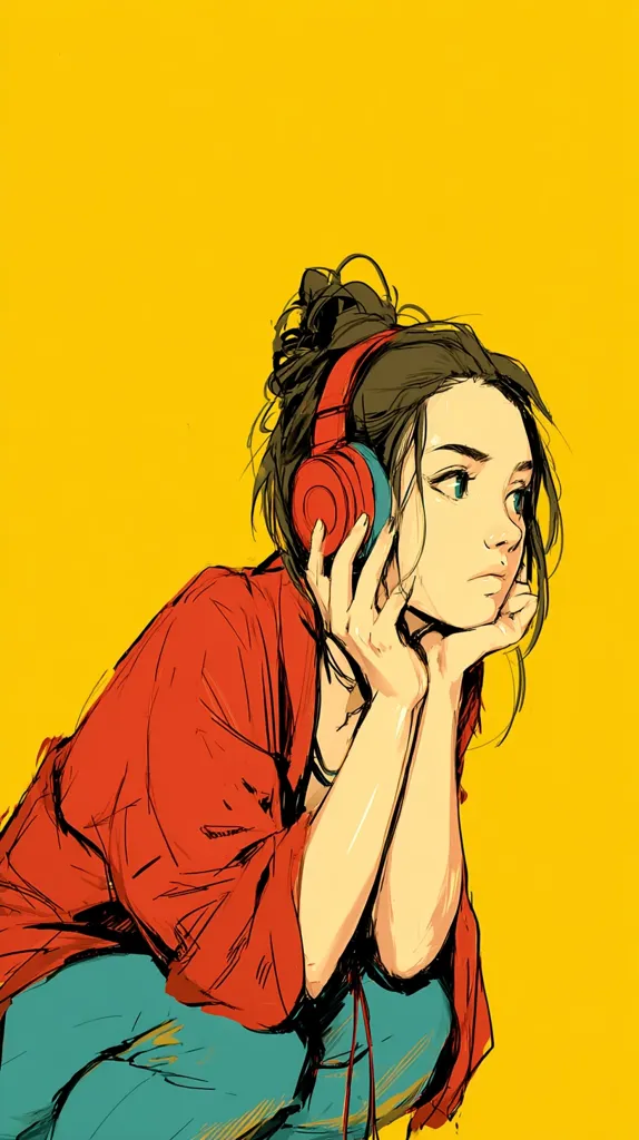 A stylized illustration of a young woman, possibly anime-inspired, sits against a vibrant yellow background. She wears a red jacket and teal pants, and red and teal headphones rest on her head. Her expression is pensive, her chin resting on her hands. The art style is loose and expressive, with bold colors and dynamic lines. The overall mood is one of quiet contemplation or introspection.