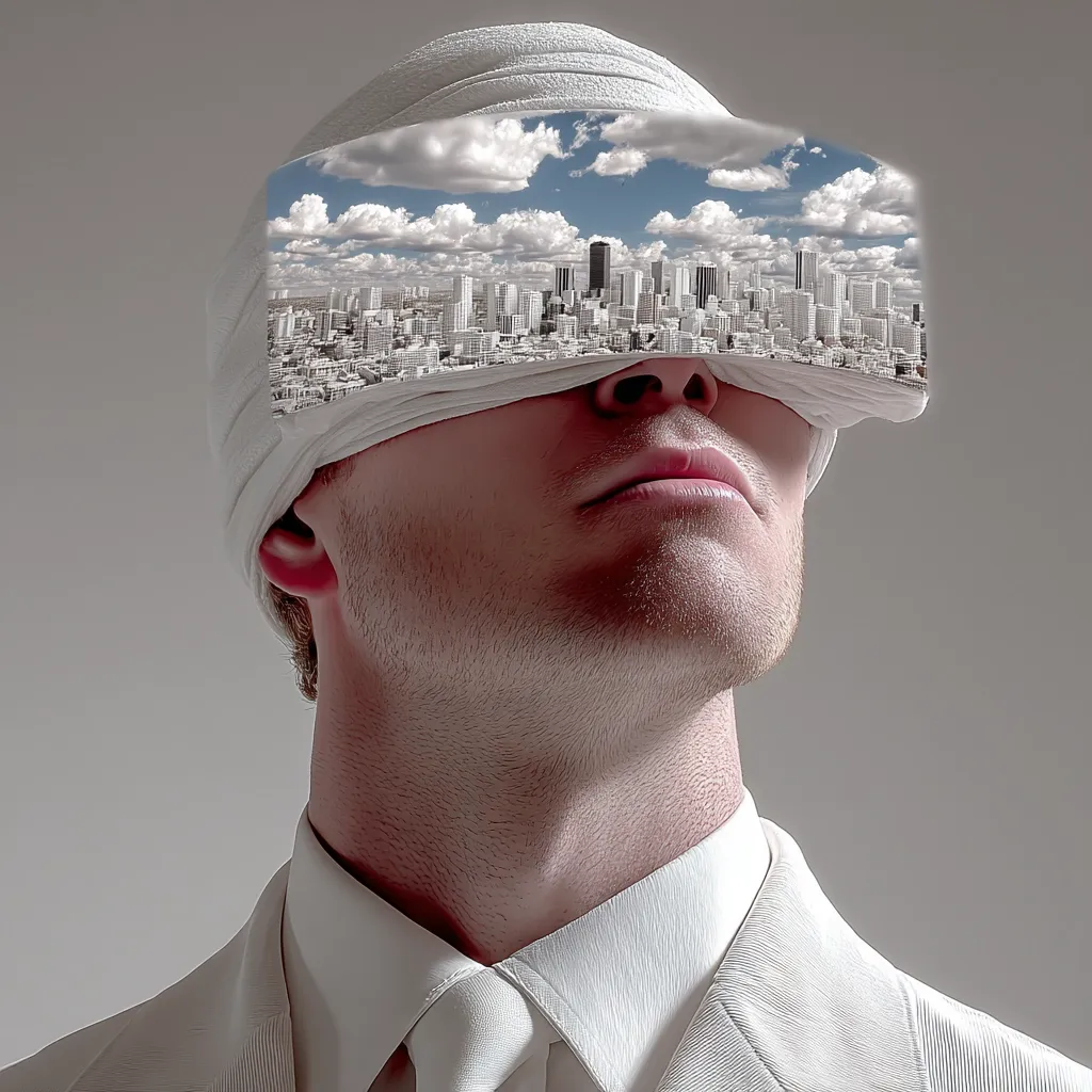 A man in a white suit wears a bandage over his eyes, which acts as a virtual reality headset displaying a cityscape.  The image juxtaposes the sterile white of the bandage and suit with the vibrant cityscape, suggesting a disconnect between reality and the virtual world, or perhaps a futuristic vision of immersive technology.  His upward gaze hints at wonder or contemplation.