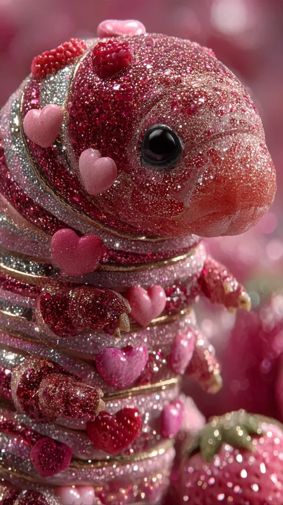 A close-up reveals a whimsical, glittering caterpillar crafted from pink and silver materials.  Its segmented body is adorned with numerous small, heart-shaped embellishments. The caterpillar's large, dark eyes and detailed texture give it a charmingly cartoonish quality. The overall effect is one of sparkling, Valentine's Day-themed sweetness.  Surrounding it are blurred, similarly sparkly pink elements suggesting a cohesive, festive scene.