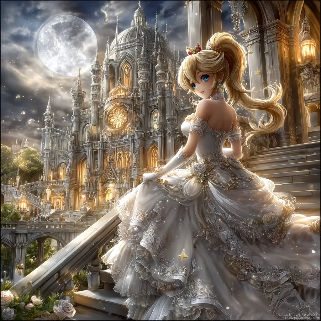 A princess, adorned in a magnificent white gown and a crown, sits on a grand staircase.  Behind her, a breathtaking gothic cathedral glows under a full moon.  The scene is filled with a magical atmosphere, accentuated by glittering particles in the air and romantic lighting. The princess's blonde hair is styled in a high ponytail, and her blue eyes gaze wistfully. The overall impression is one of fairytale elegance and charm.