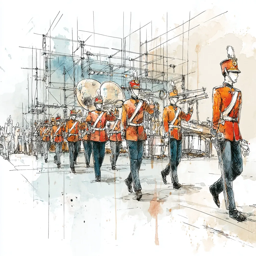 A watercolor and ink sketch depicts a marching band in vibrant red and gold uniforms.  The musicians, playing brass instruments and a tuba, process along a paved area before a large, partially constructed stage.  Spectators are visible in the background, adding depth to the scene, which showcases both the precision of the band and the unfinished architectural setting.  The style suggests a dynamic moment captured in a lively, expressive manner.