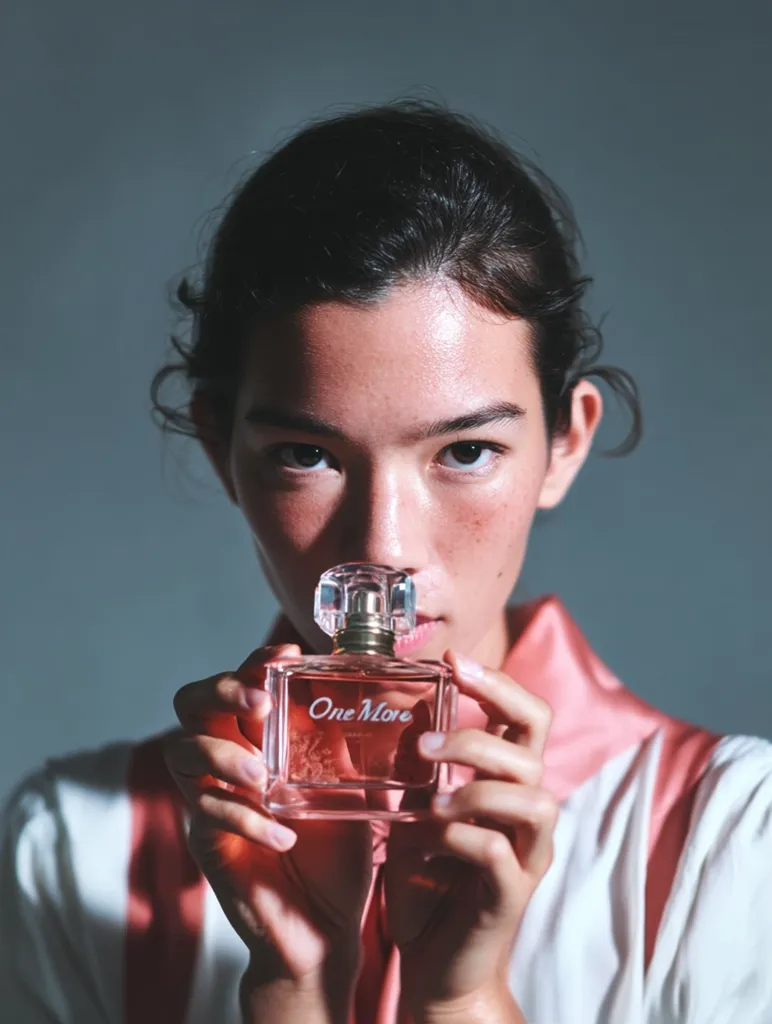 A young woman with dark hair pulled back holds a bottle of "One More" perfume close to her face, her expression serene.  She wears a white shirt with a coral-colored scarf. The bottle is rectangular with a gold cap and contains a light pink liquid. The image is softly lit, creating a calm and sophisticated atmosphere.