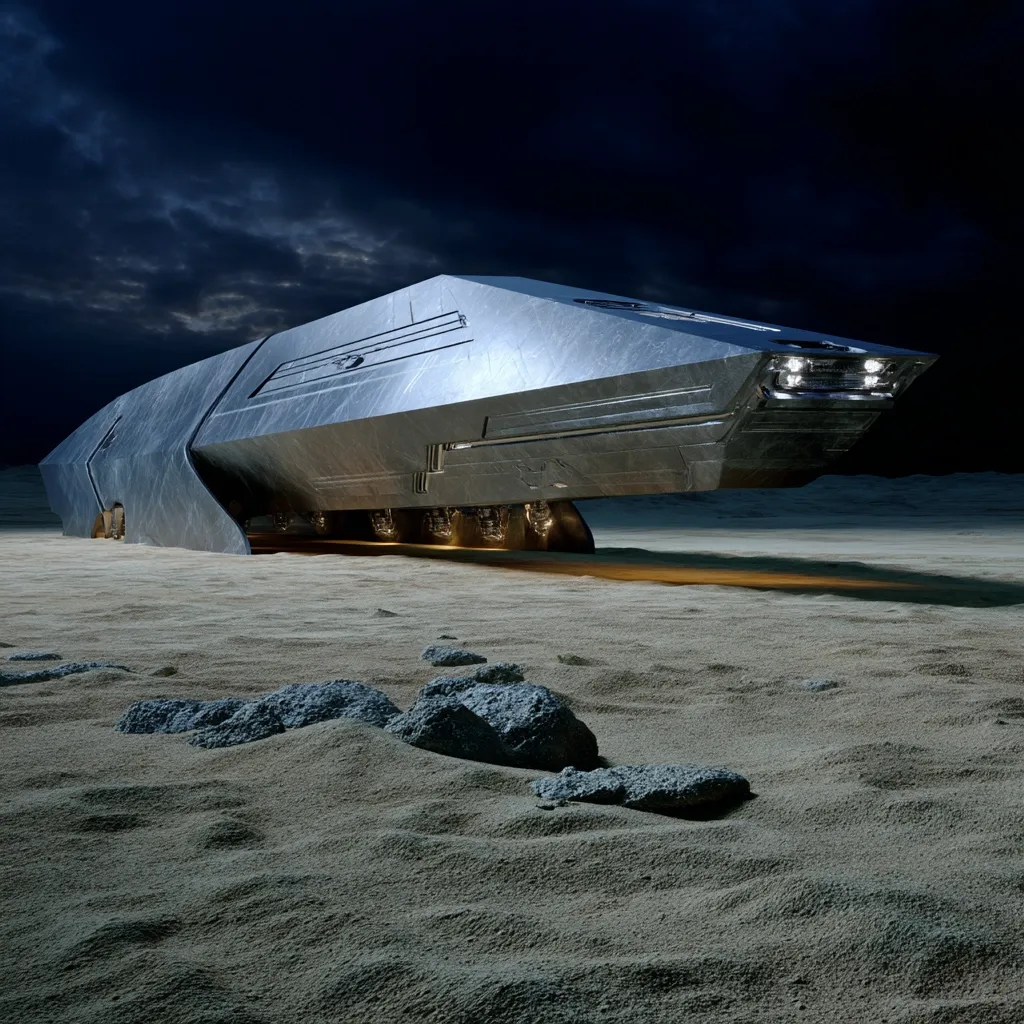 A futuristic, metallic spacecraft rests on a desolate, sandy landscape under a dark, stormy sky.  The vessel is long and angular, with glowing lights at its front. Its design is sleek and powerful, suggesting advanced technology. The scene evokes a sense of mystery and isolation, hinting at a remote or extraterrestrial setting.  Scattered rocks dot the sandy ground, adding texture to the barren environment.