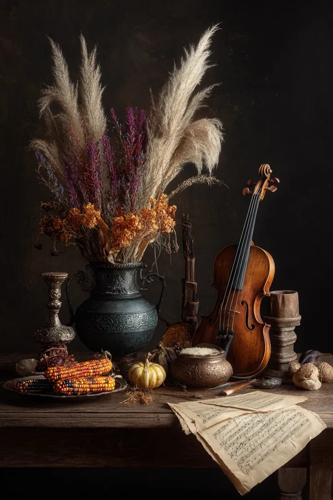 A still life arrangement on a dark wooden table features a dark metal vase overflowing with dried pampas grass and wildflowers.  Beside it rests a violin, a bowl of rice, Indian corn, a small pumpkin, and antique silver pieces.  Aged musical sheets are casually placed on the table, adding to the sense of aged elegance and artistic composition.  The dark background enhances the richness of the objects and their textures.