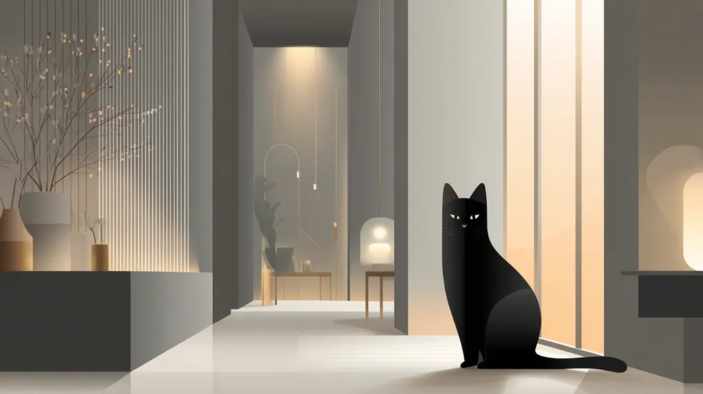 A black cat sits in a minimalist, modern hallway.  The hallway is long and features muted gray tones, sleek lines, and subtle lighting.  A large window at the end allows soft, warm light to filter in.  Simple, elegant décor including a plant arrangement and small tables are visible in the background, creating a serene and sophisticated atmosphere.
