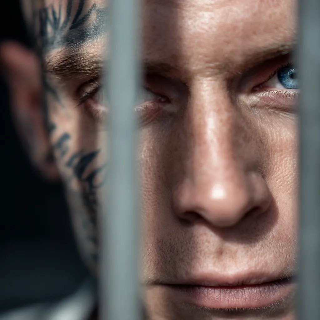 Close-up of a man's face, partially obscured by metal bars.  He has a tattooed face and intense blue eyes, gazing directly at the viewer.  The image evokes a sense of confinement and perhaps imprisonment, emphasizing the man's serious expression. The lighting casts shadows, enhancing the dramatic effect.