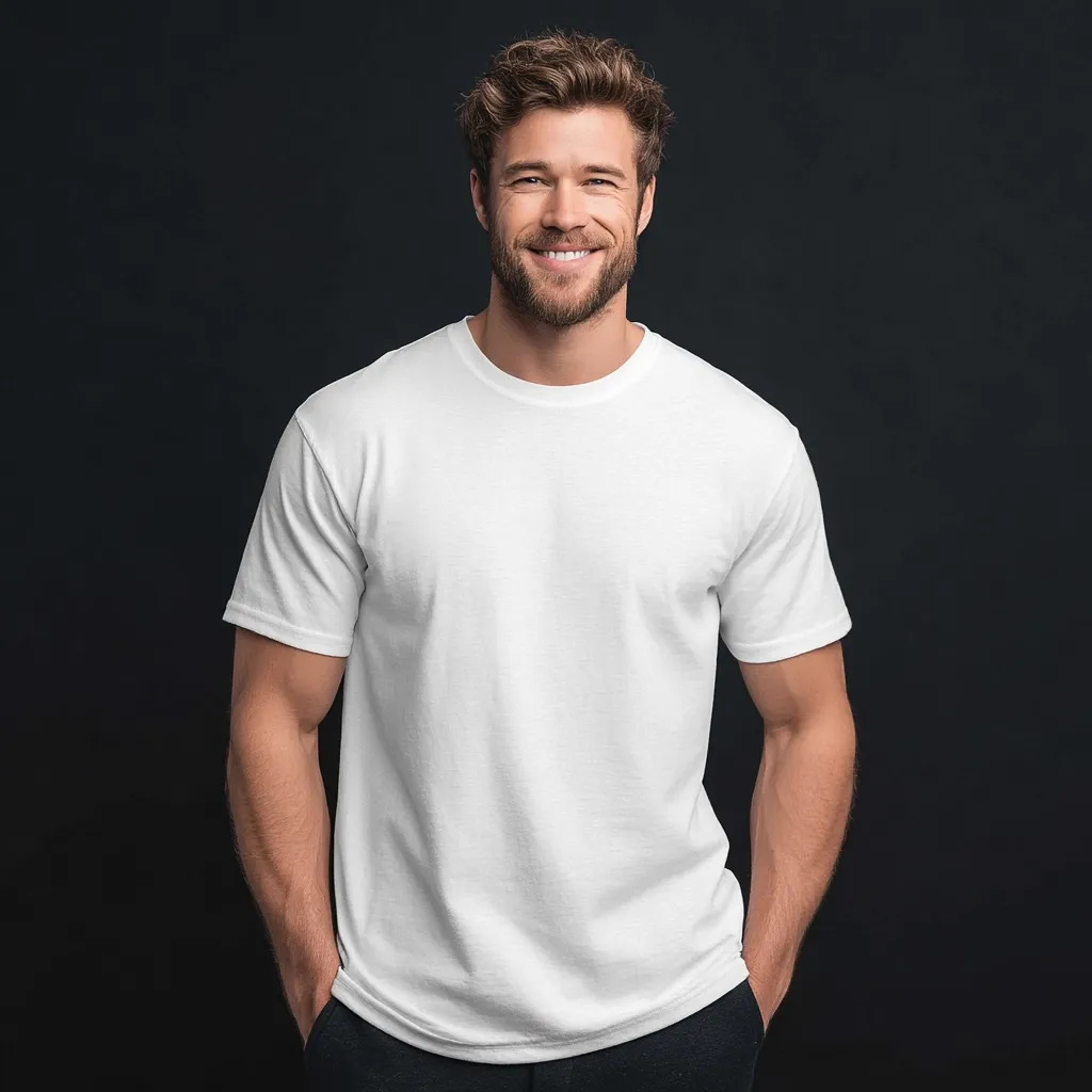 A smiling man with light brown hair and a beard stands against a dark background. He wears a plain white t-shirt and dark pants, his hands casually in his pockets.  His expression is friendly and approachable, showcasing a clean-cut and confident appearance. The image is simple and focuses on the man and his attire.