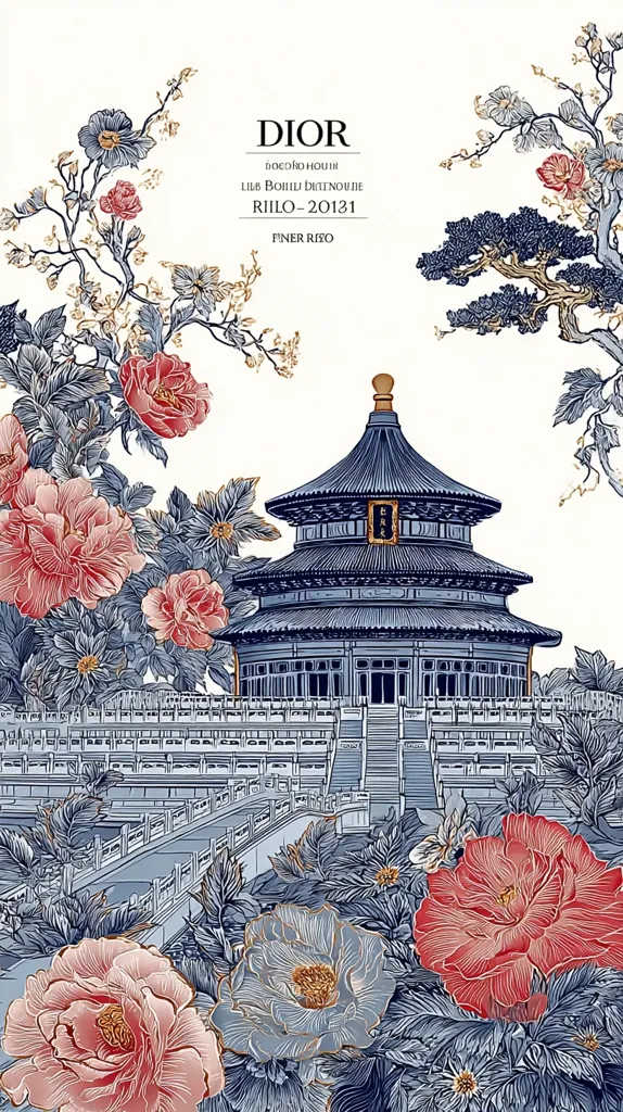 An elegant design features a detailed illustration of the Temple of Heaven in Beijing, China, rendered in shades of blue and gray.  Lush, stylized peony blossoms in red, pink, and blue surround the temple, creating a vibrant floral frame.  The Dior logo and product information are subtly incorporated into the upper section, blending seamlessly with the artistic composition.  The overall aesthetic is one of sophisticated beauty and cultural richness.