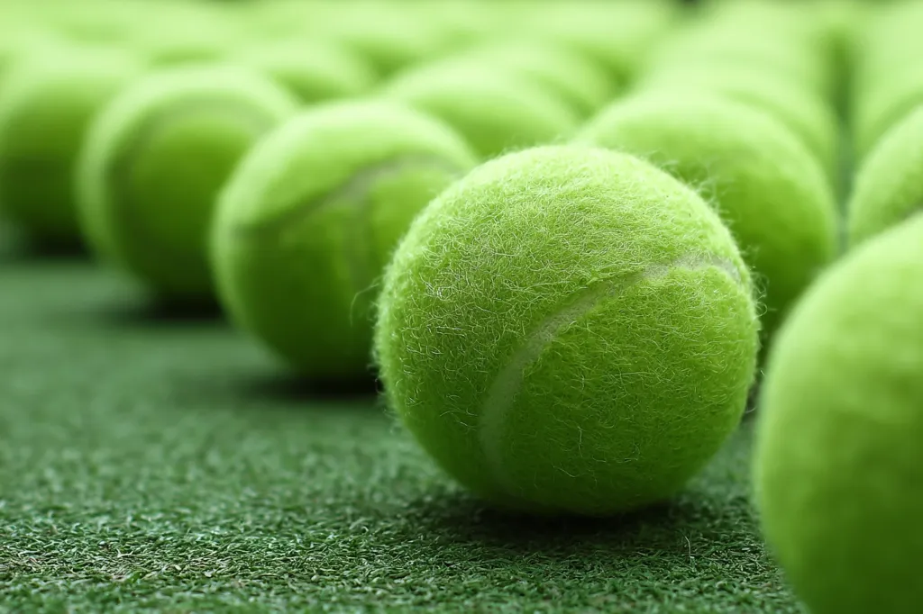 A close-up shot reveals a row of bright green tennis balls resting on a green artificial grass surface.  The balls are in sharp focus in the foreground, gradually blurring into the background, creating a depth of field effect. The fuzzy texture of the tennis balls is visible, along with the faint white seams. The image evokes a sense of readiness for a tennis match or practice session.