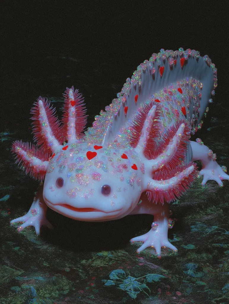 A whimsical axolotl, rendered in 3D, is adorned with iridescent glitter and small red hearts. Its feathery gills are a vibrant pink, contrasting with its pearly white body.  The axolotl sits on a dark, mossy surface, creating a magical, otherworldly atmosphere.  The overall aesthetic is playful and fantastical.