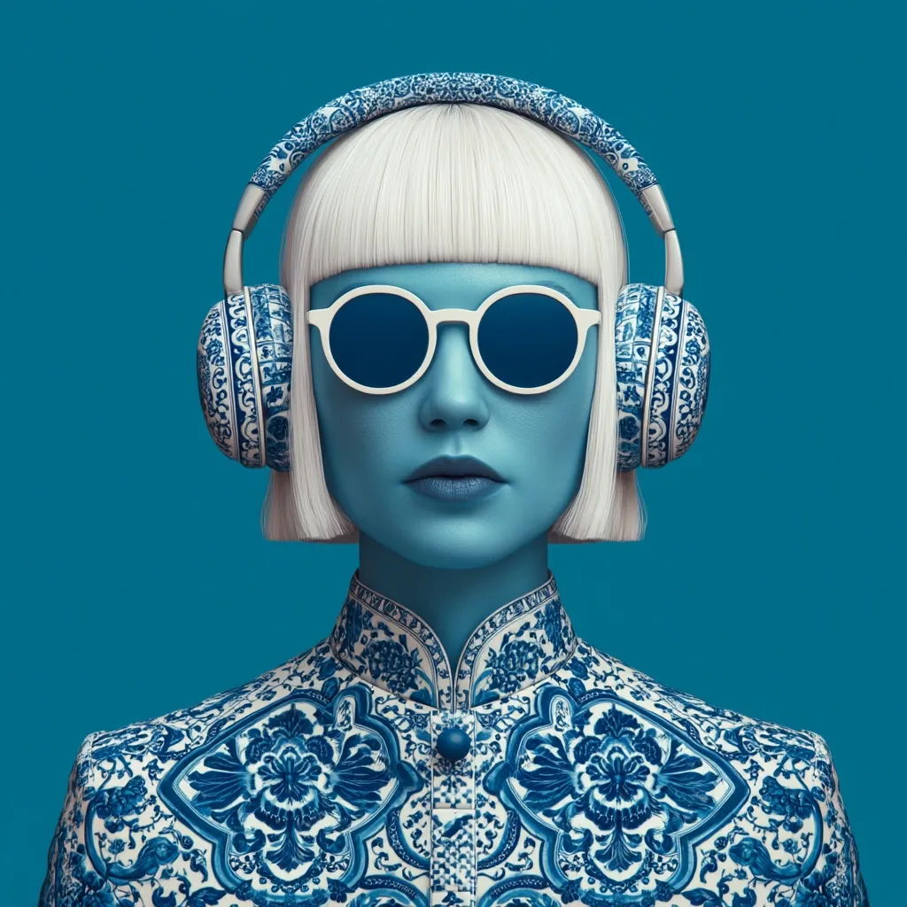 A stylized portrait of a woman with platinum blonde bob, wearing blue and white porcelain-patterned headphones and matching jacket.  She also sports round white sunglasses. The monochromatic blue palette and the woman's serene expression create a striking, fashionable image.