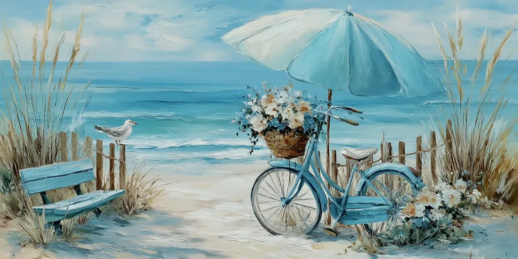A serene beach scene is depicted, featuring a light blue bicycle adorned with a basket of flowers, parked under a matching beach umbrella. A wooden bench sits nearby, with a seagull perched on a fence overlooking the tranquil ocean. The painting's palette emphasizes calming blues and whites, creating a peaceful coastal atmosphere.  The textured brushstrokes add depth and dimension to the artwork.