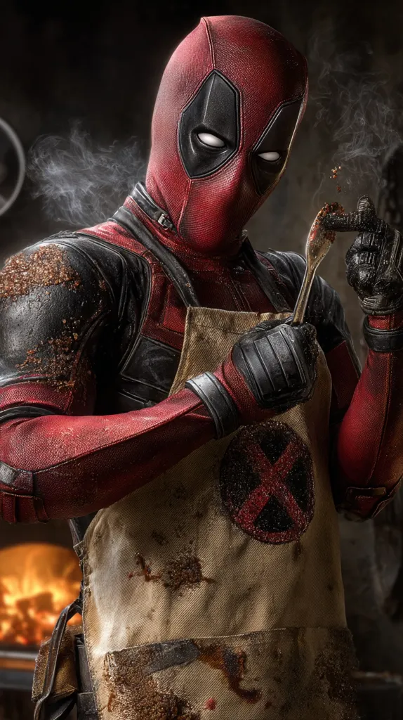 Deadpool, the Merc with a Mouth, is depicted in a gritty, darkly lit scene.  Wearing his signature red and black suit, he's also sporting a soiled apron, suggesting culinary mishaps. He holds a fork, possibly just having finished a meal or preparing something. The overall mood is humorous yet intense, reflecting Deadpool's unique character.  A fiery background adds to the dramatic setting.