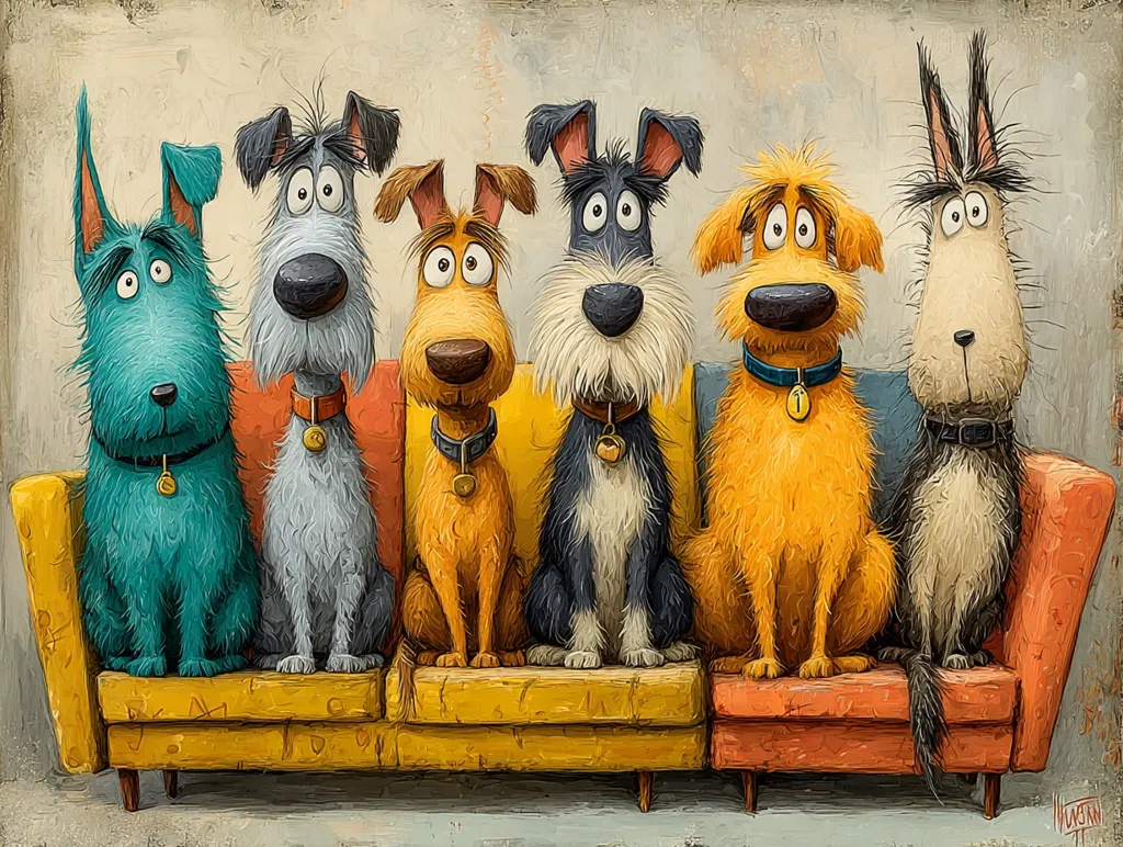 Five cartoon dogs sit neatly on a yellow and orange couch.  Each dog boasts a unique, expressive face and coat color, ranging from teal and grey to orange and cream.  They wear collars with tags, and their slightly exaggerated features give them a whimsical, humorous quality. The painting style is textured and painterly, adding depth and character to the scene.