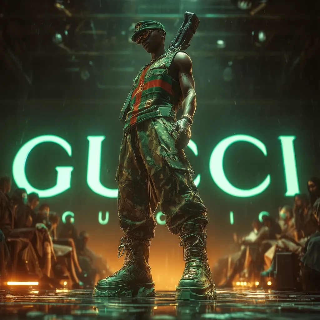 A stylized figure, dark-skinned and muscular, stands confidently before a glowing "Gucci" sign.  Clad in camouflage pants and a Gucci-branded vest, he wears military-style boots and carries a weapon on his back. The backdrop suggests a runway or fashion show, with a blurred audience watching. The overall aesthetic blends military themes with high fashion in a futuristic setting.  Rain or a similar effect is visible in the background.