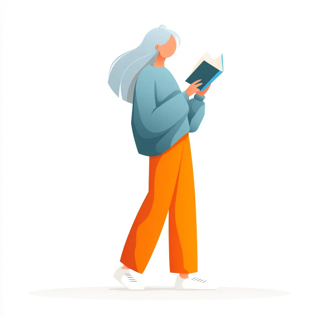 A stylized illustration depicts a woman with long gray hair, wearing a light blue sweater and bright orange pants, walking while reading a book.  She is viewed from the side, her attention focused on the dark blue book she holds. The style is minimalist and flat, with bold, simple shapes and colors.  The background is plain white.
