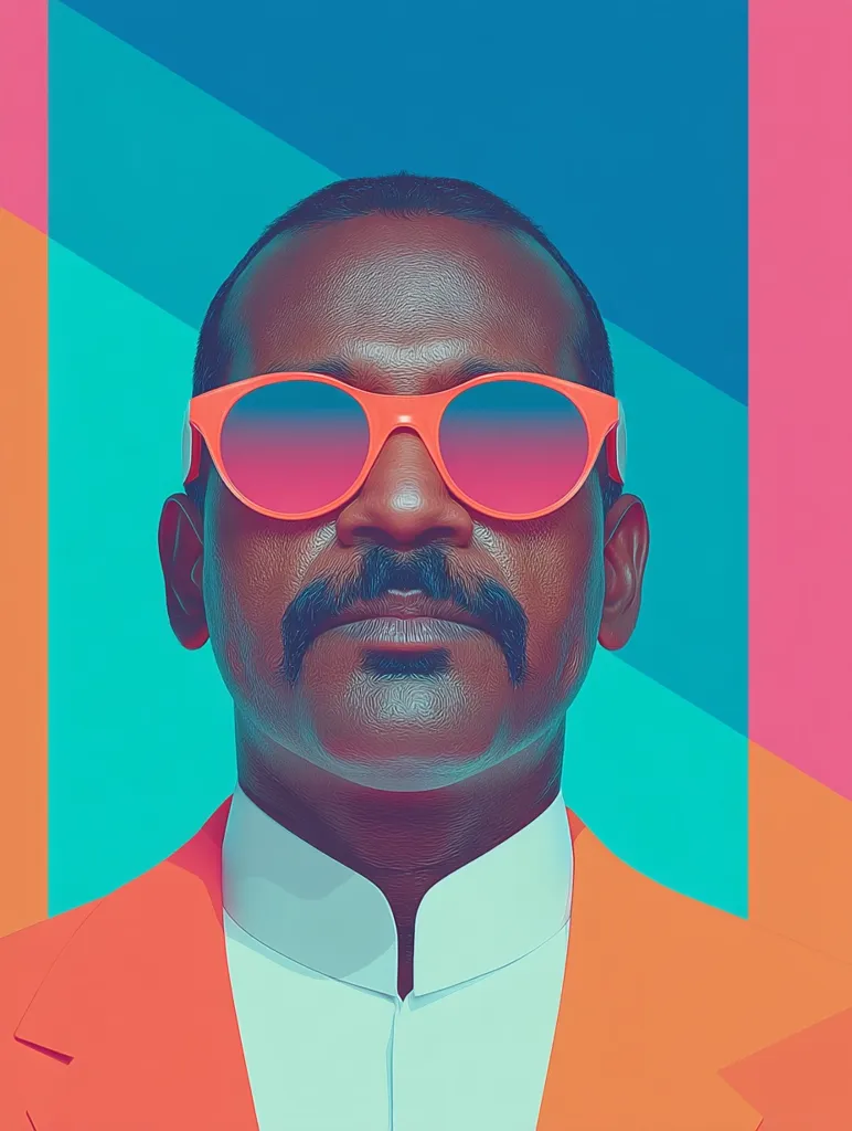 A stylized portrait of a dark-skinned man with a mustache, wearing bright orange, round sunglasses and a mandarin-collared orange suit.  The background is a vibrant geometric pattern of teal, pink, and orange. The image is sharp, with a slightly painterly quality, creating a bold and modern aesthetic.