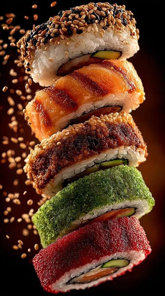 A delectable stack of five sushi rolls, each distinct in color and topping, is captured mid-air.  The top roll is generously sprinkled with sesame seeds, followed by a layer of grilled salmon, a darker, possibly tempura-based roll, a vibrant green roll, and a final layer of deep red, likely a spicy tuna roll.  The image showcases the textures and colors of the sushi, with sesame seeds scattering around the stack, creating a dynamic and appetizing visual.