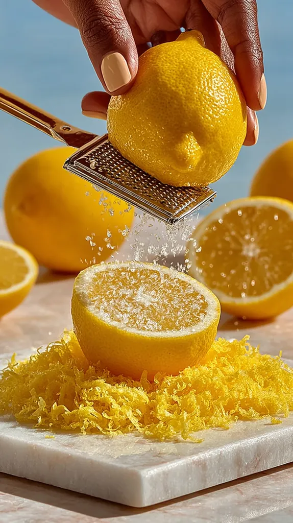 A hand grates a lemon zest using a gold zester onto a marble surface.  A pile of lemon zest surrounds a halved lemon.  Several whole lemons are in the background.  The scene is brightly lit, emphasizing the vibrant yellow color of the lemons and the fine texture of the zest.