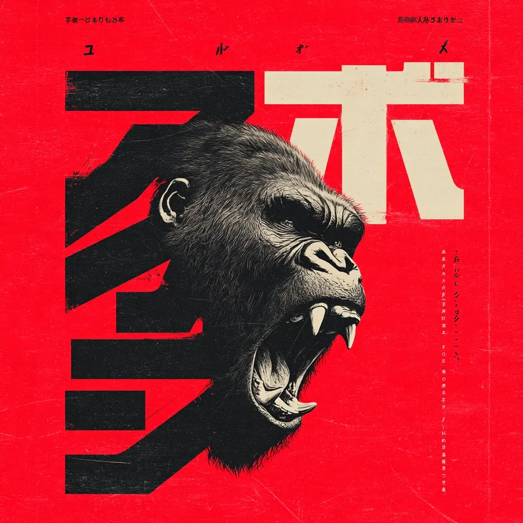 A stylized poster features a roaring gorilla's head in profile against a bold red background.  Black kanji characters are layered over the image, creating a graphic and powerful visual. The gorilla's intense expression and the stark contrast of colors evoke a sense of primal strength and aggression.  The overall aesthetic blends modern graphic design with traditional Japanese typography.