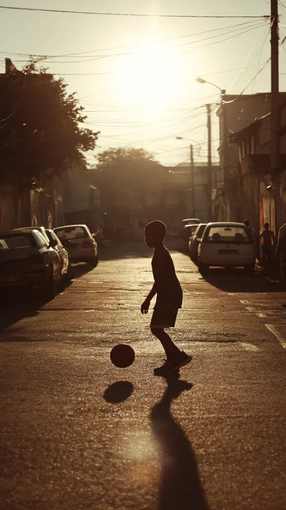A silhouetted child plays with a ball on a sun-drenched street.  Cars are parked along the sides of the road, and buildings line the background. The warm light casts long shadows, creating a dramatic contrast against the child's dark figure. The scene evokes a sense of simple joy and everyday life in a possibly urban setting.