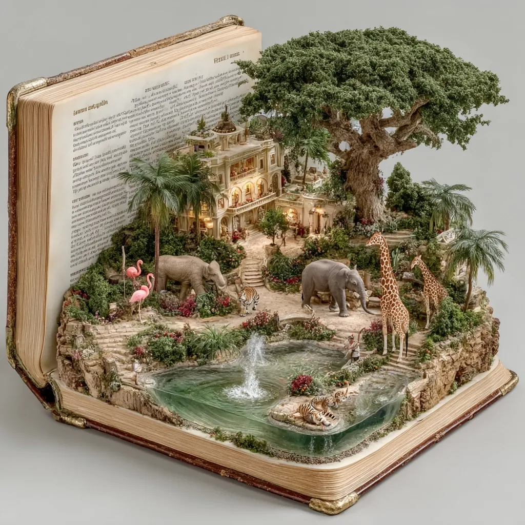A meticulously crafted miniature diorama unfolds within the pages of an antique book.  The scene depicts a lush tropical paradise featuring a grand mansion, exotic animals including elephants, giraffes, tigers, and flamingos, all surrounding a tranquil pond with a fountain.  The level of detail in the miniature architecture, landscaping, and animal figurines is astonishing, creating a captivating and surreal world within the book's open pages.