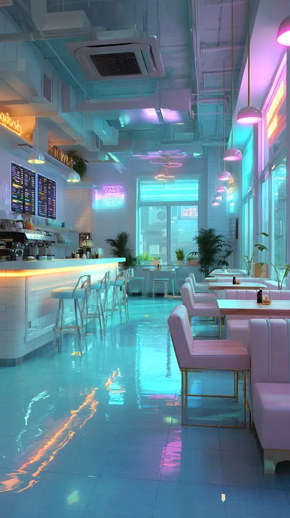 A stylish cafe bathed in vibrant teal and pink neon lights.  The sleek, minimalist design features a white bar with transparent stools, and pastel pink seating arranged around tables.  Large windows reveal a city view, and potted plants add a touch of greenery. The glossy floor reflects the neon glow, creating a futuristic and dreamy atmosphere.