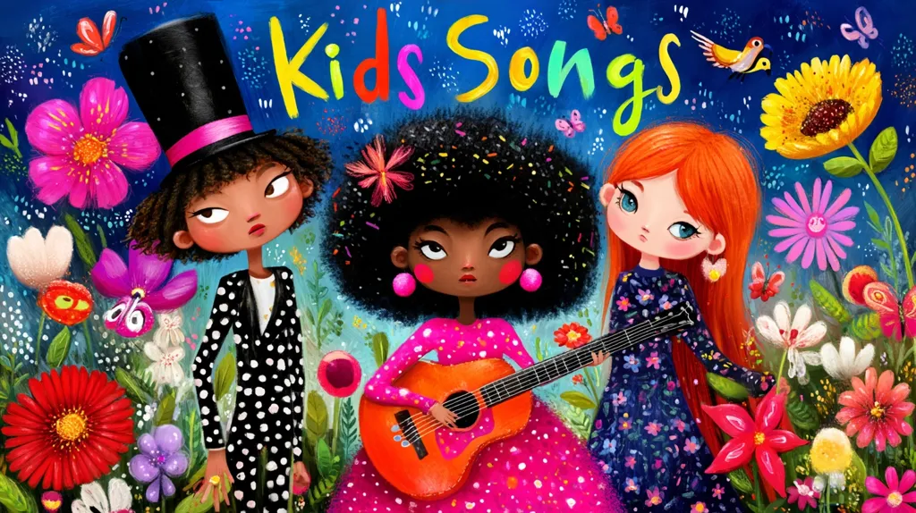 A vibrant illustration titled "Kids Songs" features three stylized girls amidst a colorful floral backdrop.  One girl wears a top hat and polka-dot suit, another plays an orange guitar in a pink dress, and the third, with long red hair, stands beside them in a floral dress.  Butterflies and birds flutter around them, creating a whimsical and cheerful scene.