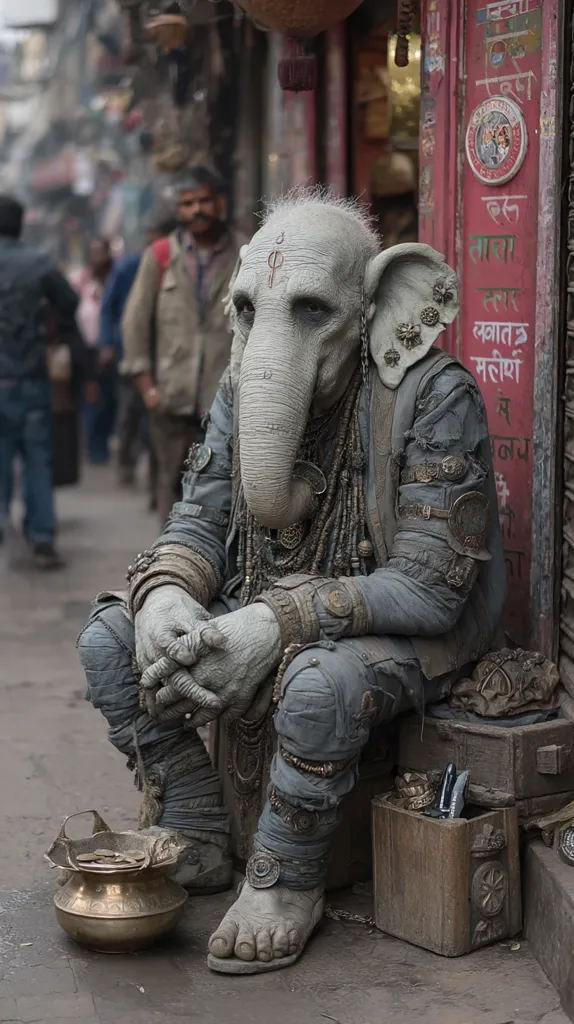A creature resembling an elephant-headed human sits on a step in a busy street, adorned with intricate jewelry and weathered clothing.  A brass pot sits before it, possibly for alms. The background is a bustling marketplace with blurred figures, suggesting a vibrant, possibly South Asian, setting. The creature's expression is solemn and its attire suggests poverty or a spiritual role.