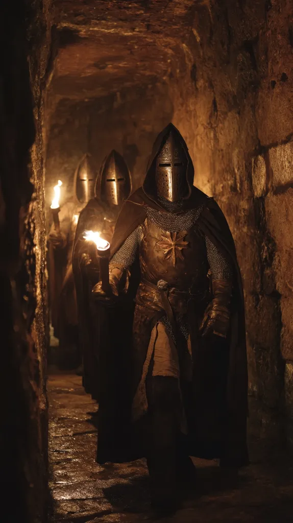 Three medieval knights in full armor and cloaks, carrying torches, walk through a dimly lit stone passage. The lead knight's armor features a prominent cross. The atmosphere is dark and mysterious, emphasizing the knights' solemn procession.  The rough stone walls and flickering torchlight create a dramatic, suspenseful scene.