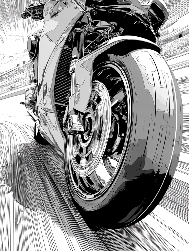 A black and white illustration depicts a powerful motorcycle speeding around a racetrack. The image is drawn in a dynamic style, emphasizing speed and motion with bold lines and shading. The focus is on the rear wheel, showcasing intricate details of the tire and braking system. The background suggests a blurred race track with stands in the distance, further enhancing the sense of rapid movement. The overall style evokes a sense of excitement and adrenaline.